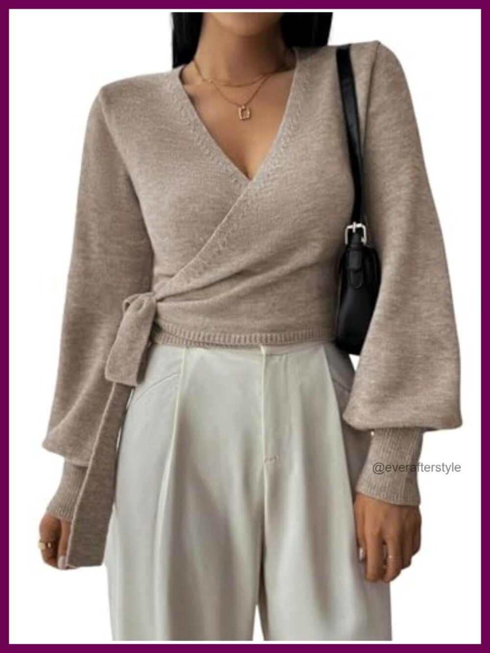 Women's V Neck Cropped Wrap Sweater Bishop Sleeve Knitwear